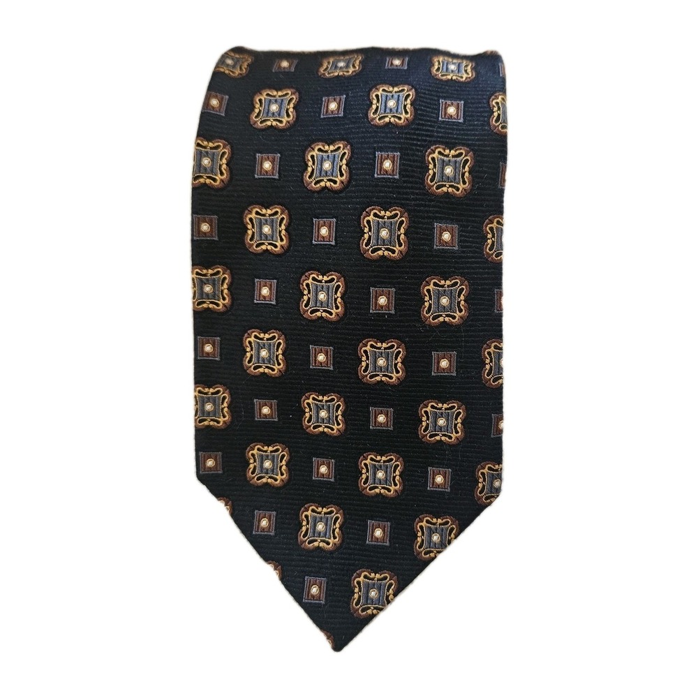 J.Z. Richards Mens 100% Silk Tie Black Gold Geometric Designer Made In USA